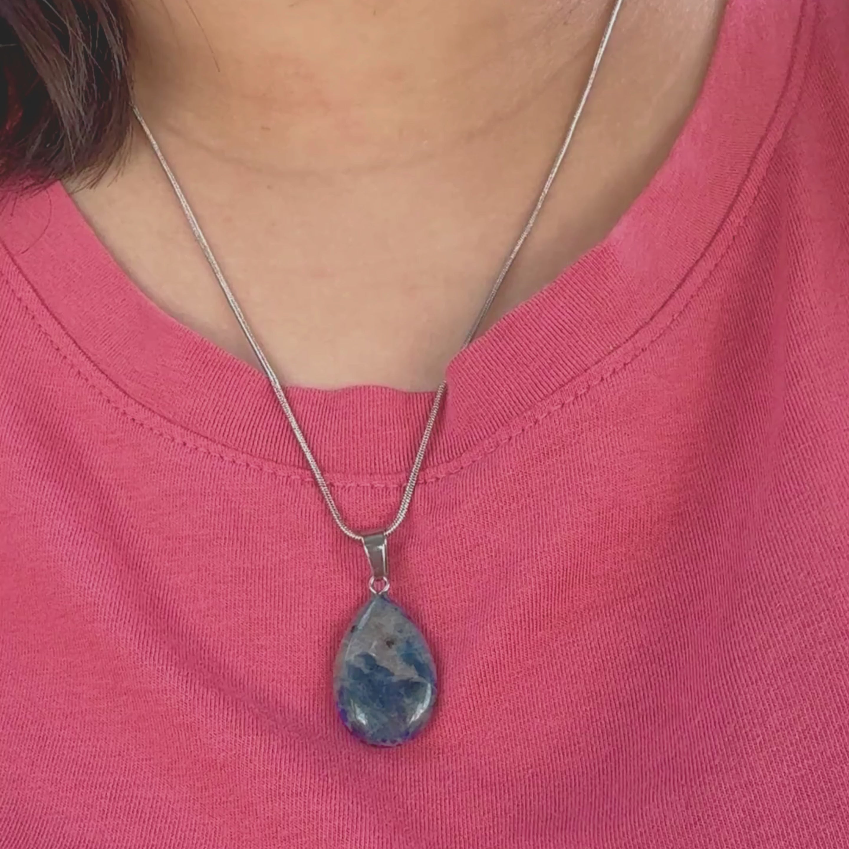 Load video: Natural Blue Sodalite Pendant with 925 Silver Chain